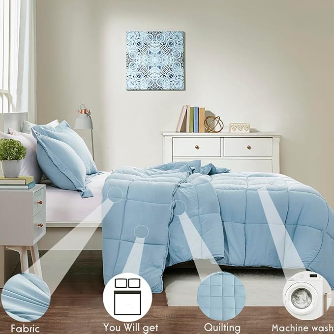 HIG Pre Washed Down Alternative Comforter Set Twin - Reversible Chic Quilt Design - Box Stitched with 4 Corner Tabs - Lightweight for All Season - Blue Duvet Comforter with 2 Pillow Shams