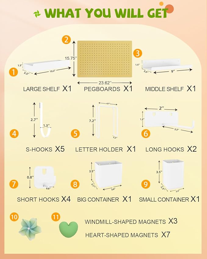 Metal Pegboard Kit — Carbon Steel Pegboards with 26 Accessories, Pegboard Wall Organizer for Home, Office, Study Room, Kitchen, Craft Room & Gaming Setup — 24″ × 16″ Yellow Peg Board