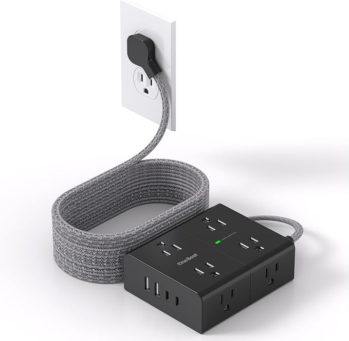 Surge Protector Power Strip 15 Ft Cord, Ultra Thin Flat Extension Cord with 8 Outlets 4 USB Ports(2 USB C), Flat Plug Power Strip, 15 Ft Long Braided Power Cord for Home, Office, Dorm Essentials - BK