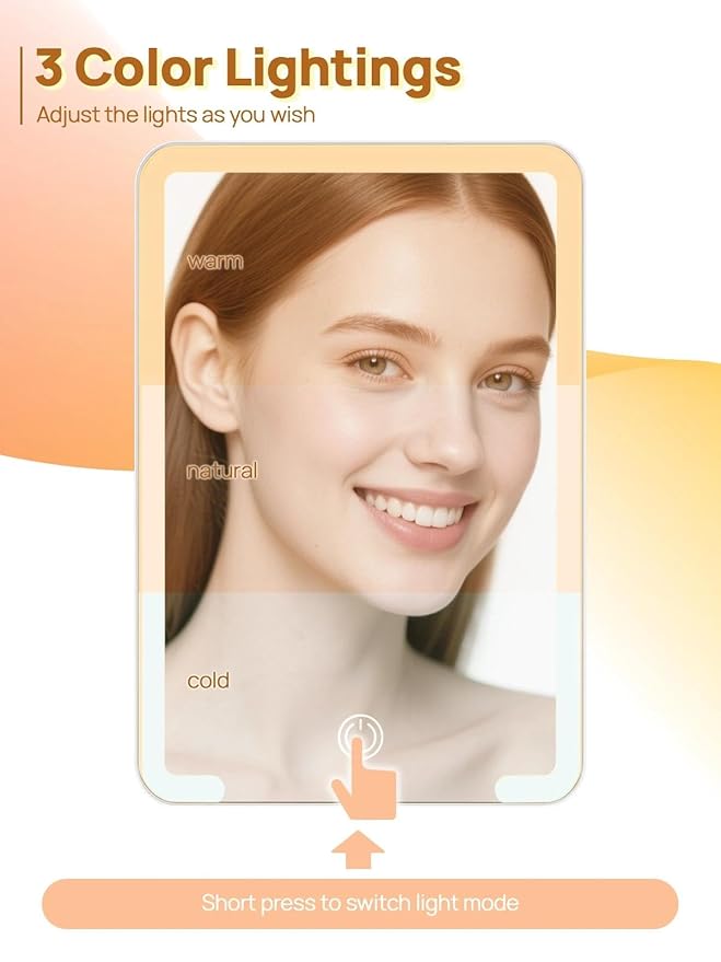 OMIRO Travel Makeup Mirror with Light, 10 x 7 inch Lighted Desk Mirror with Adjustable Stand and 3 Lighting Modes for Shaving and Travelling, White