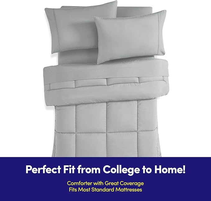 Dorm Room Essentials College Bedding Comforter Set 7 Piece Full Size Bed in a Bag for College Students Boys and Girls, Full, Silver