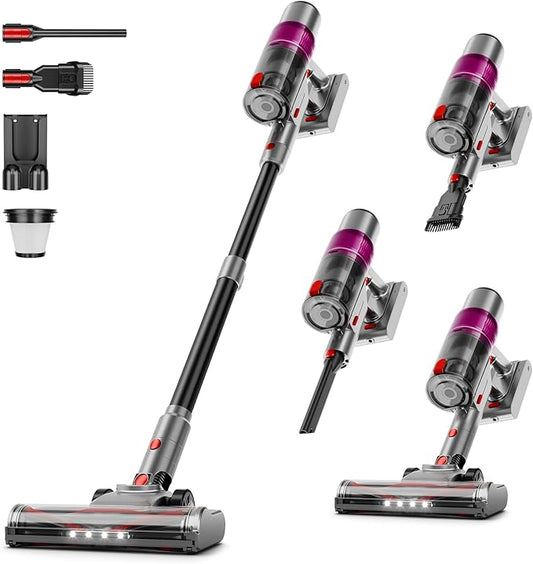 Cordless Vacuum Cleaner, 550W/45KPA Powerful Suction Cordless Stick Vacuum Cleaners for Home, Anti-Tangle Brush, Lightweight, 6-in-1 Rechargeable Vacuum for Pet Hair/Carpet/Hard Floor(Purple)