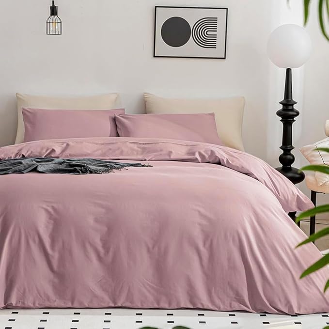 JELLYMONI Cotton Duvet Cover Queen Size - 100% Washed Cotton Linen Feel Textured Comforter Cover, 3 Pieces Breathable Soft Bedding Set with Zipper Closure (Dusty Pink, Queen 90"x90")