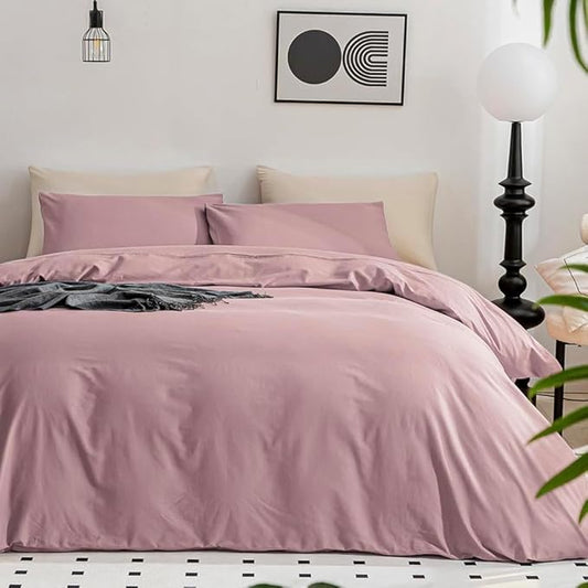 JELLYMONI Cotton Duvet Cover Queen Size - 100% Washed Cotton Linen Feel Textured Comforter Cover, 3 Pieces Breathable Soft Bedding Set with Zipper Closure (Dusty Pink, Queen 90"x90")