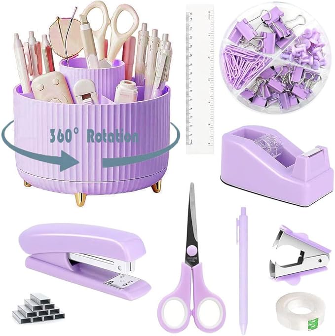 Desk Organizers and Accessories Set with 360-Degree Rotating Pen Holder, Tape Dispenser, Stapler, Staple Remover, 1000 Staples, Tape, Clips Set, Ruler, Scissor, Pen