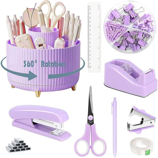 Desk Organizers and Accessories Set with 360-Degree Rotating Pen Holder, Tape Dispenser, Stapler, Staple Remover, 1000 Staples, Tape, Clips Set, Ruler, Scissor, Pen