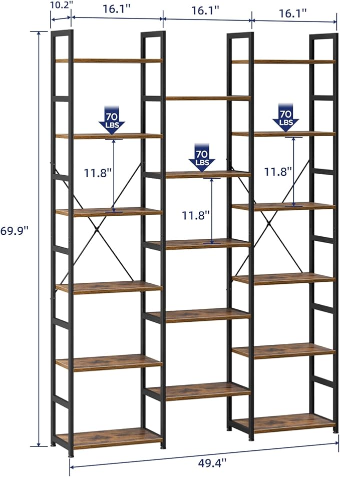 NUMENN 6-Tier Bookshelf Triple Column Bookcase with 17 Adjustable Open Display Shelves, Modern Book Shelves，Rustic Industrial Style Bookshelves for Bedroom, Living Room and Home Office, Vintage
