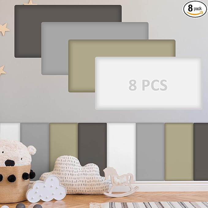 8 Pack Wall Padding for Playroom Peel and Stick Headboard 15.75" x 7.87" x 1.18" 3D Anti Collision Upholstered Wall Panels Self Adhesive Headboard Panel for Protection (Gray Colors)