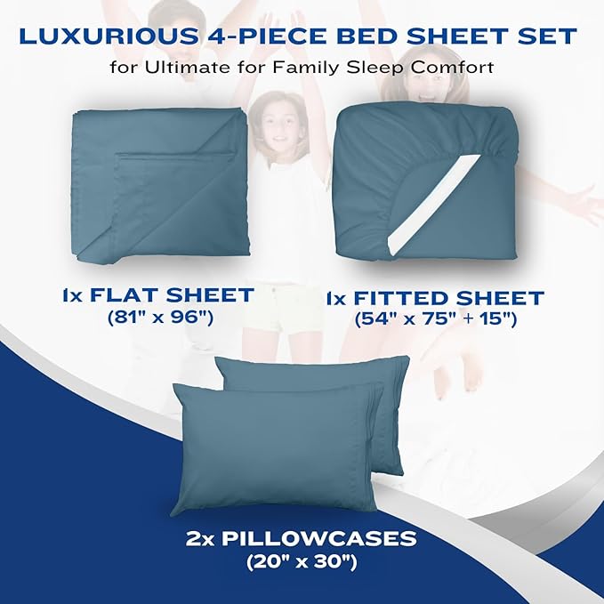 DREAMCARE Full Size Sheets Set - 4 Pcs Cooling Bed Sheets with Up to 15" Deep Pockets - Soft, Long-Lasting 100% Brushed Polyester with Side Pocket (Mineral Blue) DREAMCARE