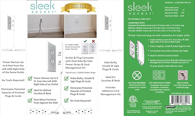 Sleek Socket Original & Patented Ultra-Thin Outlet Concealer with Cord Concealer Kit, Flat Extension Cord with Multi Outlets Power Strip, Ideal for Home Improvement, Hide Bulky and Messy Cords