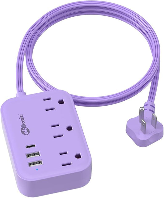 Purple Extension Cord with 3 Outlets & 3 USB(1 USB C), Cute Small Extension Cord 5ft, Travel Power Strip Flat Plug with USB Charging Station, Compact for Cute Purple Kawaii Lavender Desk Accessories
