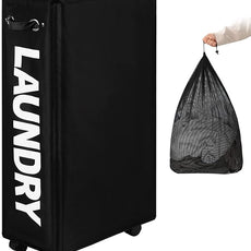 DOKEHOM 29-Inches Enlarged Slim Laundry Basket with Removable Wash Bag on Wheels, Collapsible Rolling Laundry Hamper, Foldable Narrow Corner Clothes Storage Bins (Black)