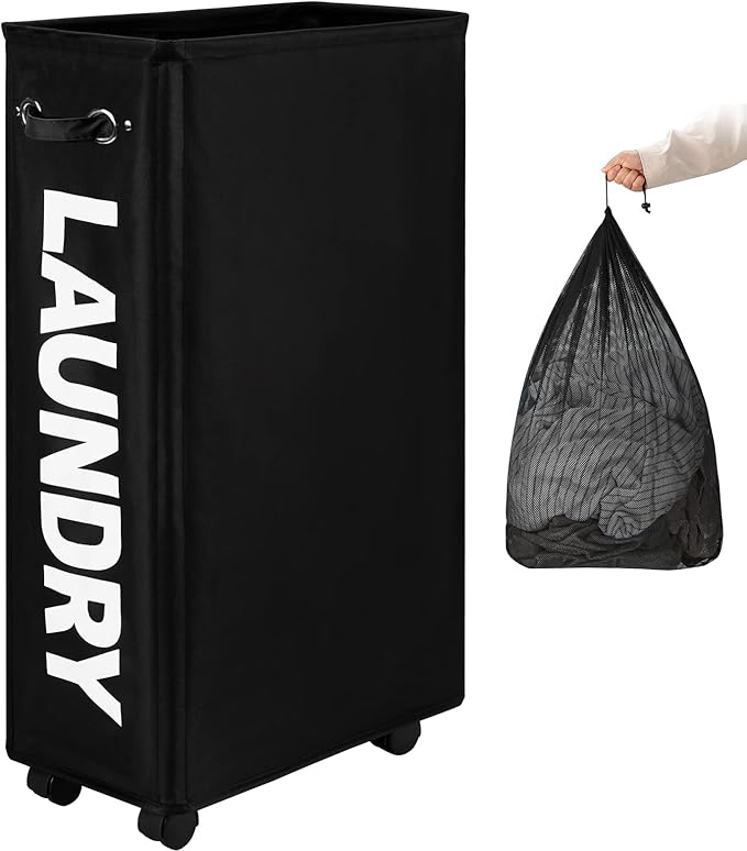 DOKEHOM 29-Inches Enlarged Slim Laundry Basket with Removable Wash Bag on Wheels, Collapsible Rolling Laundry Hamper, Foldable Narrow Corner Clothes Storage Bins (Black)