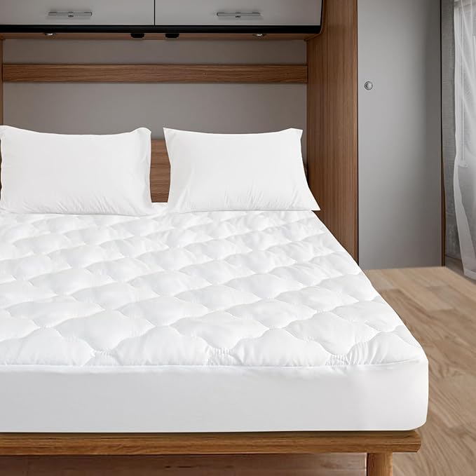 RV Short King Mattress Protector Pad Waterproof Quilted 72" x 80", Soft & Cooling RV King Mattresses Cover Fitted for Campers & Trailers with Deep Pocket to 14", (White)