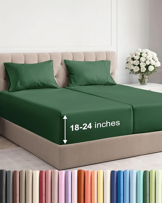 Extra Deep Pocket Split King Sheets - 5 Piece Breathable & Cooling Bed Sheets - Hotel Luxury Bed Sheet Set - Soft, Wrinkle Free & Comfy - Easily Fits Extra Deep Mattresses - Emerald Green Sheets Set