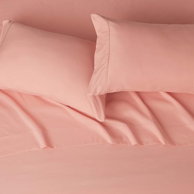 Amazon Basics Lightweight Super Soft Easy Care Microfiber 4-Piece Bed Sheet Set with 14-Inch Deep Pockets, Includes Comfortable Pillowcases, Queen, Peachy Coral, Solid AmazonBasics