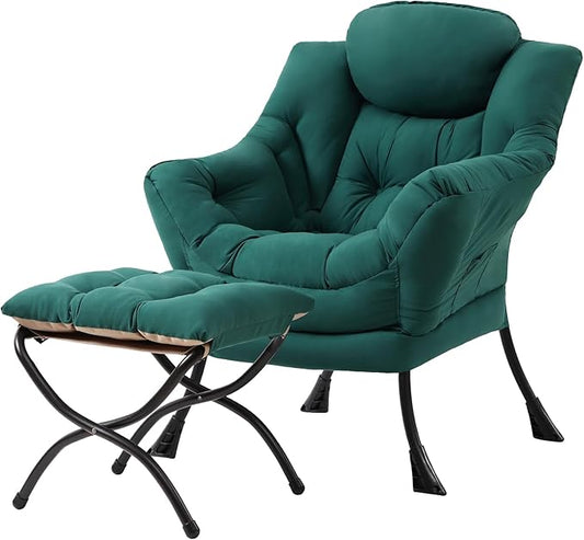 Tiita Lazy Chair with Ottoman, Modern Large Accent Lounge Armchair, Comfy Leisure Sofa Reading Chair with Footrest for Bedroom, Living Room, Dorm Rooms, Garden and Courtyard, Green