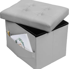 Storage Ottoman Foot Rest Stool, Small Leather Storage Ottomans Bench, Folding Footstool with Side Pockets, Foot Rest Under Desk for Living Room Bedroom, 16x12x12 in, Grey