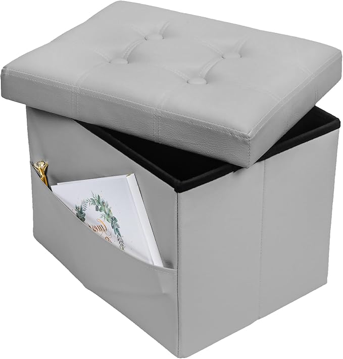 Storage Ottoman Foot Rest Stool, Small Leather Storage Ottomans Bench, Folding Footstool with Side Pockets, Foot Rest Under Desk for Living Room Bedroom, 16x12x12 in, Grey