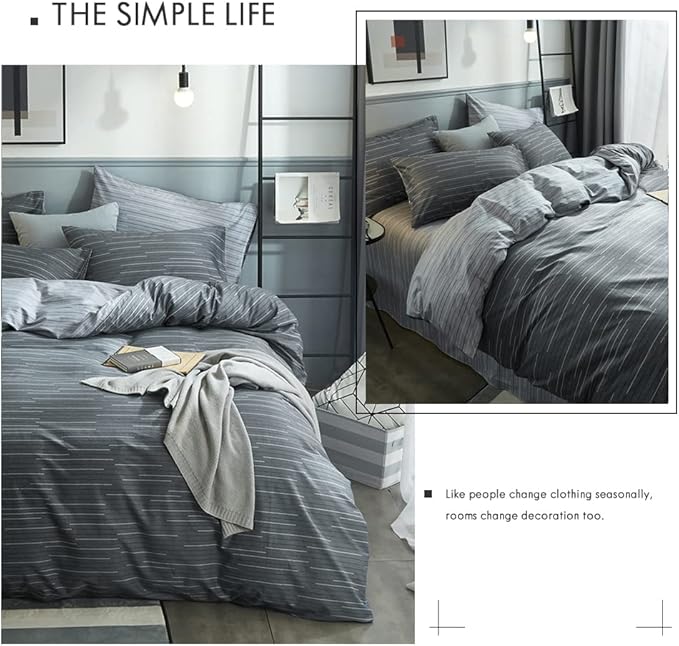 VM VOUGEMARKET Gray Stripes Bedding Set,3 Pieces Twin Duvet Cover with 2 Pillowcases for Boys Men 100% Cotton Modern Reversible Striped Comforter Cover with Zipper-80x90 Inch