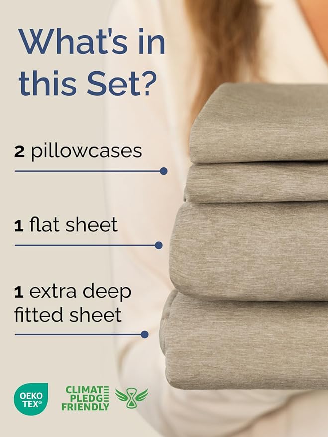 Extra Deep Pocket Queen Sheet Set - 4 Piece Breathable & Cooling Bed Sheets - Hotel Luxury Sheet Set - Soft, Wrinkle Free and Comfy - Fits Extra Deep Mattresses - Deep Pocket Heathered Beige Sheets