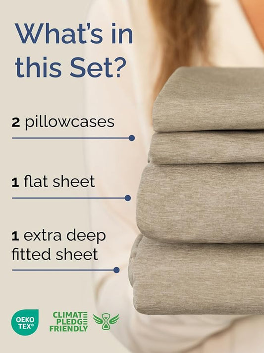 Extra Deep Pocket Cal King Sheets - 4 Piece Breathable & Cooling Bed Sheets - Hotel Luxury Bed Sheet Set - Soft, Wrinkle Free & Comfy - Easily Fits Extra Deep Mattresses - Heathered Beige Sheets Set