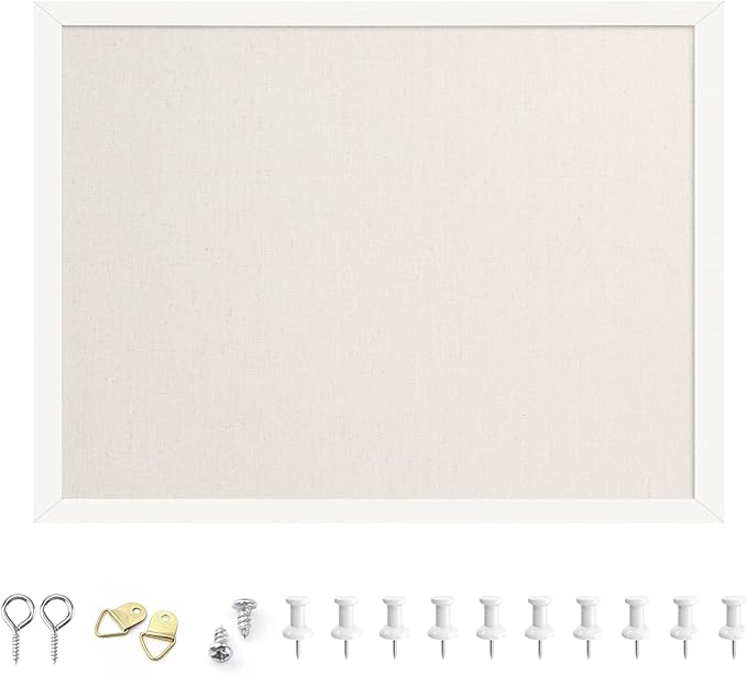 OWLKELA 12"x16" inch Bulletin Board with Linen, White Wood Style Frame, with 10 Pushpins, Linen Cork Board, Ideal for School, Home & Office