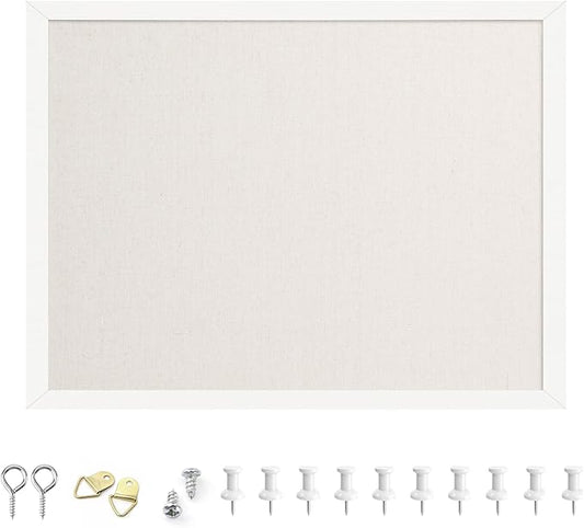 OWLKELA 12"x16" inch Bulletin Board with Linen, White Wood Style Frame, with 10 Pushpins, Linen Cork Board, Ideal for School, Home & Office