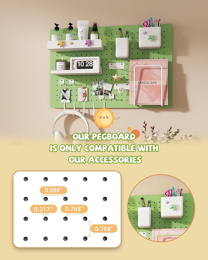 Metal Pegboard Kit — Carbon Steel Pegboards with 26 Accessories, Pegboard Wall Organizer for Home, Office, Study Room, Kitchen, Craft Room & Gaming Setup— 24″ × 16″ Green Peg Board