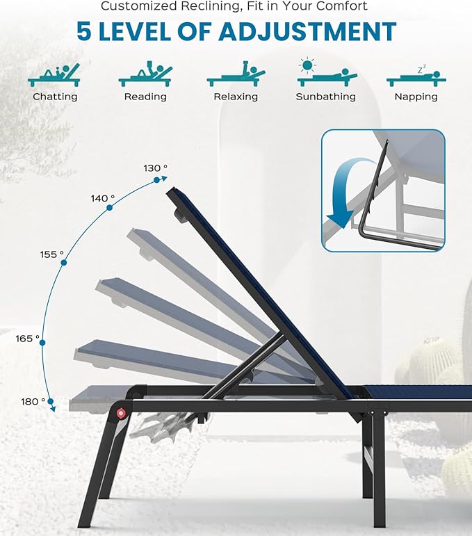 Foldable Pool Lounge Chairs, Aluminum Chaise Lounge Outdoor with 5 Positions Recliner - Free Assembly - Patio Lounge Chair for Poolside, Beach (Navyblue)