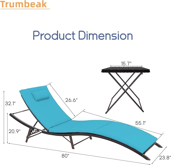 Patio Chaise Lounge Set 3 Pieces Pool Lounge Chairs,Cushioned Outdoor Folding Lounge Chair w/Rattan Adjustable Backrest for Poolside Porch,Folding Table Included,Turquoise Blue