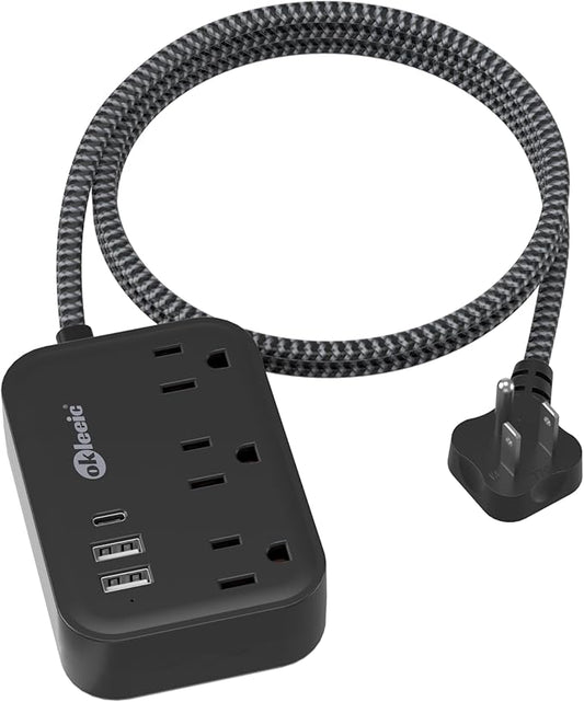 Flat Plug Power Strip with USB C Ports, Black Extension Cord 5FT with 3 AC Outlets 3 USB, Short Extension Cord Outlet Extender with No Surge Protector for Cruise Ship, Dorm Room Travel Essentials