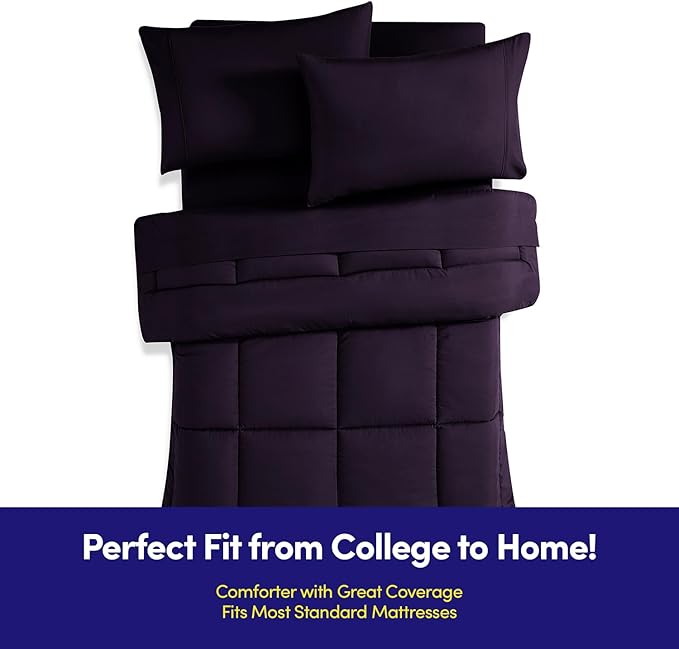Dorm Room Essentials College Bedding Comforter Set 5 Piece Twin Size Bed in a Bag for College Students Boys and Girls, Twin, Purple