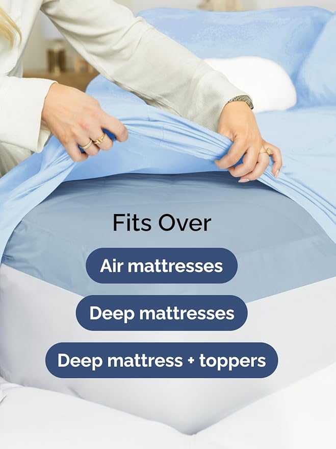 Extra Deep Pocket Split King Sheets - 5 Piece Breathable & Cooling Bed Sheets - Hotel Luxury Bed Sheet Set - Soft, Wrinkle Free & Comfy - Easily Fits Extra Deep Mattresses - Light Blue Sheets Set