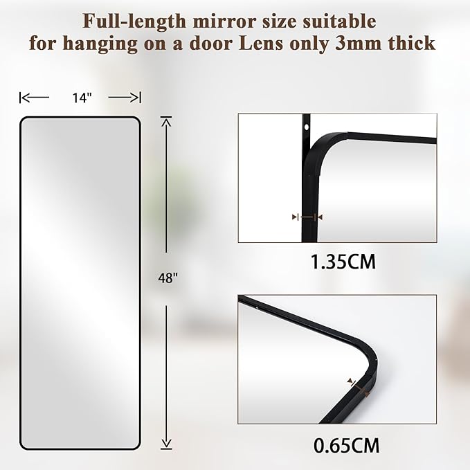 VooBang 14"x48" Full Length Over The Door Mirror - Aluminum Alloy Frame Full Body Mirror with Height-Adjustable Hangers, Hanging Leaning Against Wall for Dorm, Black