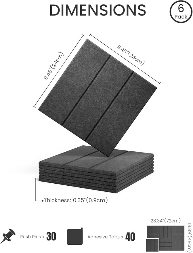 Felt Bulletin Board Tiles -28"x18" with 40 Adhesive Tabs, Cork Board Alternative for Office Decor, Push Pin Board Wall Organizer 6-Pack(Charcoal Gray)