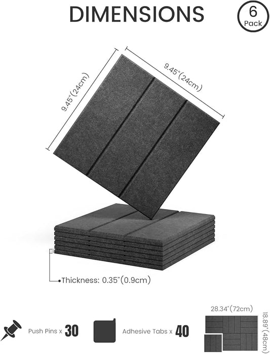 Felt Bulletin Board Tiles -28"x18" with 40 Adhesive Tabs, Cork Board Alternative for Office Decor, Push Pin Board Wall Organizer 6-Pack(Charcoal Gray)
