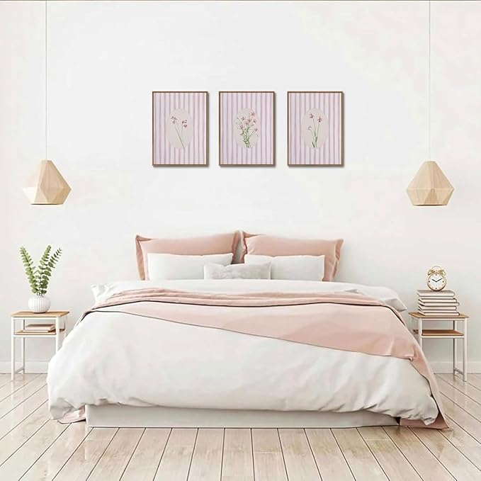 KISSFOX 3 Piece Floral Framed Wall Art Pink Wildflower Canvas Wall Art Flower Pictures Wall Decor Boho Botanical Paintings Poster Wall Decor For Girly Room Bedroom Apartment Dorm Living Room