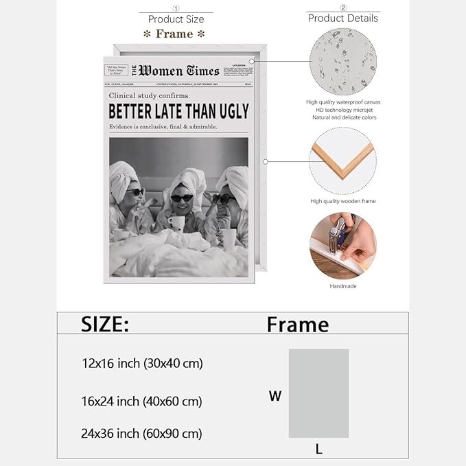 Vintage Women Times Black and White Newspaper Wall Art Better Late Than Ugly Poster Canvas Prints Funky Feminist Posters Trendy College Wall Decor for Bar Cart Girl Dorm Room 12x16inch Framed