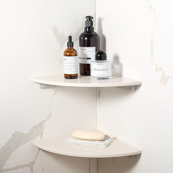 Koville Marble Corner Shower Shelf for Bathroom, 10'' Polished Marble Corner Shelves for Bath, Wall Mounted Stone Corner Shower Caddy, No Drilling Adhesive Shower Shelf - Rigel Yellow (2-Layer)