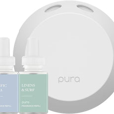 Pura - Smart Home Fragrance Device Starter Set - Pura 4 - Scent Diffuser for Home - Includes Fragrance Aroma Diffuser - Square Box, Pacific Aqua and Linens & Surf Scent Refills