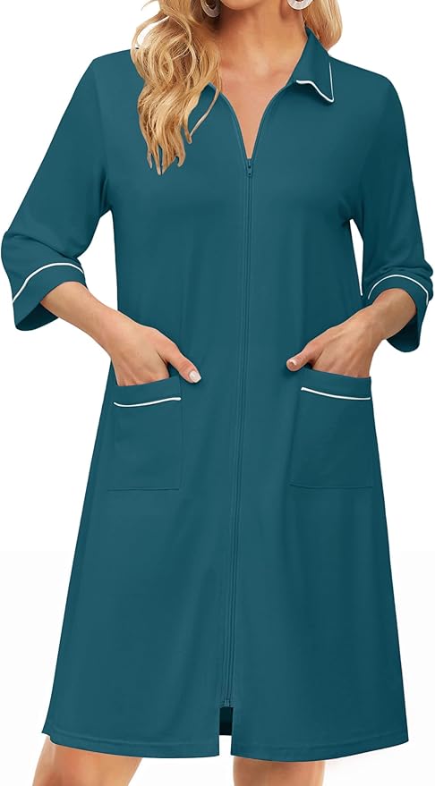 Ekouaer Zipper Robes for Women 3/4 Sleeve Housecoats Knee Length Bathrobe Lightweight Nightgown with Pockets S-3XL