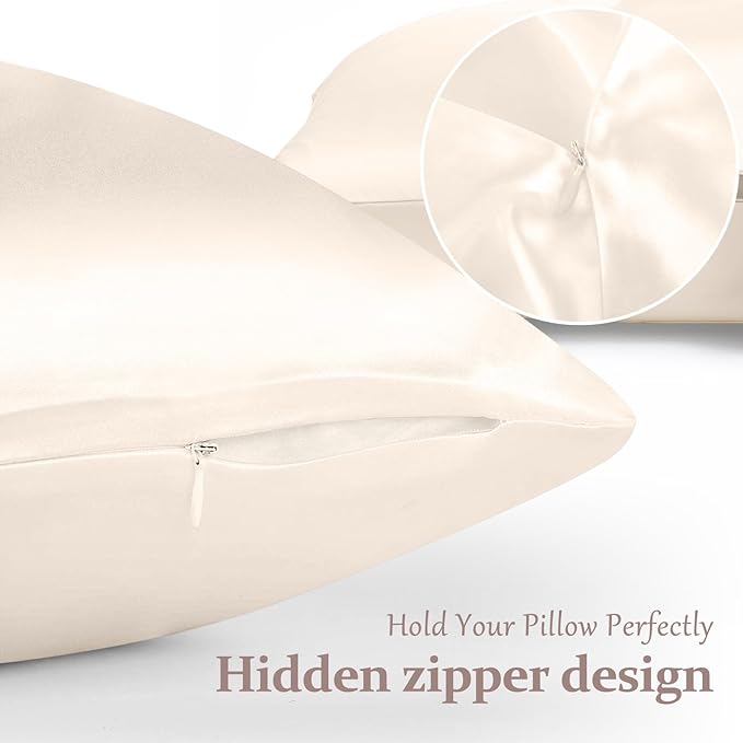2 Pack 100% Pure Silk Pillowcase for Hair and Skin, Both Sides Mulberry Silk Pillowcases with Hidden Zipper, Cooling Pillowcase 19 Momme, 600 Thread Silk Pillow Cases Standard Size, Beige