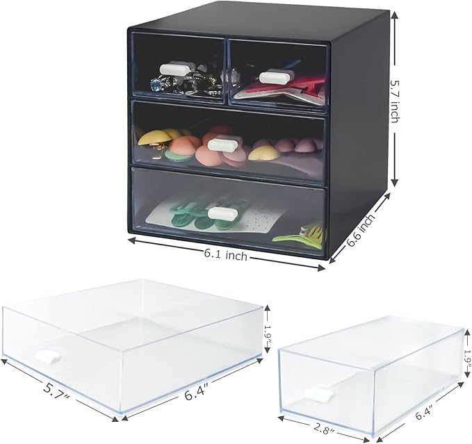 Desk Organizer with Drawer, Desk Storage Box, Plastic Office Stationery Supplies Organizers, Desktop Organizer for Office School Home (4 drawer, Black)