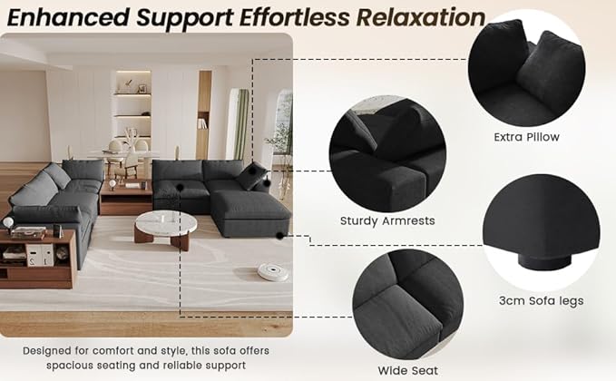Cloud Couch Modular Sectional Sofa with 2 Storage Ottomans,160.6" U Shaped Sofa Couch,6 Seater Minimalist Wide Deep Seat Convertible Couches, Covers Washable&Replaceable,Black