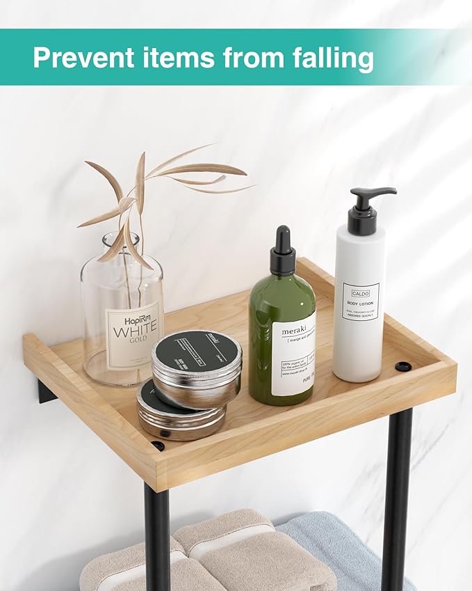 HapiRm Towel Racks for Bathroom Storage - No Drill Wall Mounted Towel Holder with Shelf and 6 Hooks, Rolled Towel Storage Bath Towel Organizer for Small Bathroom, Camper, Rv - Black