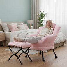 Cozy Lazy Chair and Ottoman, Large Contemporary Accent Lounge Chair Set, Leisure Upholstered Reading Armchair for Bedroom, Living Room, Dorm Rooms, Office, Peach Pink