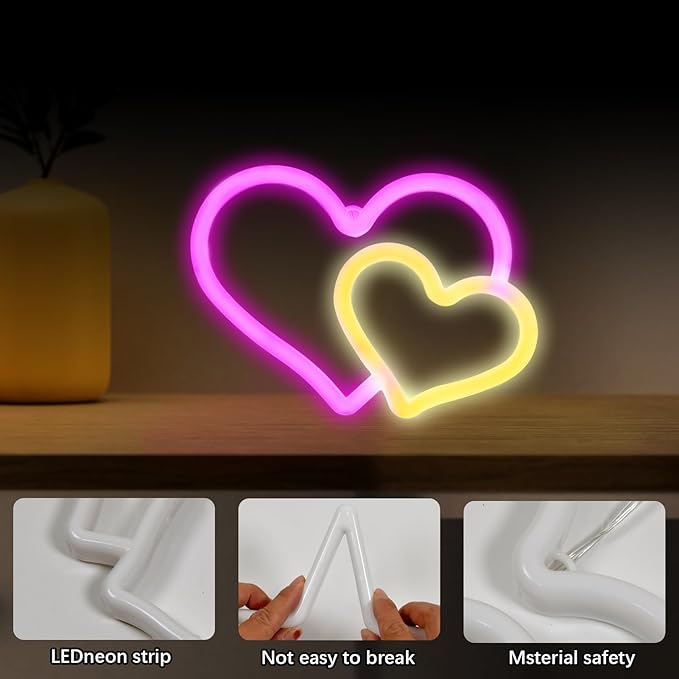 BRIGHTDECK Heart Neon Signs, Pink Heart Neon Sign Battery Operated or USB Powered Decorations Lights, LED Wall Décor for Birthday Gift, Wedding, Party, Home Decor