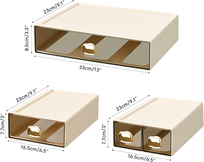 2PACK Stackable Desktop Storage Organizer Plastic Desk Organizer with Drawer Stacking Drawer for Pantry, Locker, Makeup, Vanity, Garage and Small Organization(M - 1 Drawer, Cream White)