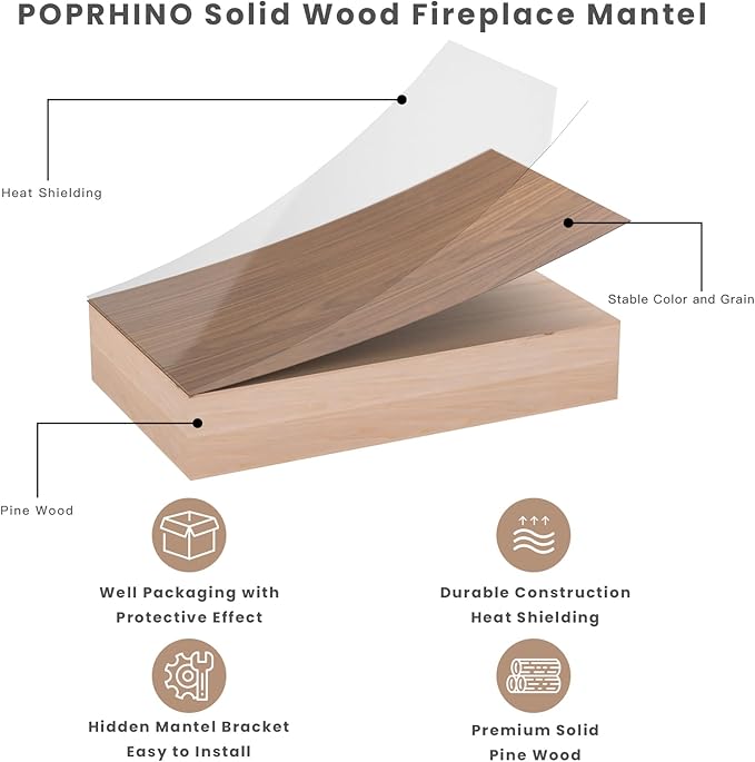 Fireplace Mantel Shelf 60 X 8 X 6 Inch, Handcrafted Solid Mantel for Over Fireplace, 6 Inch Thick Wall Mounted Floating Fireplace Mantel, Real Wood